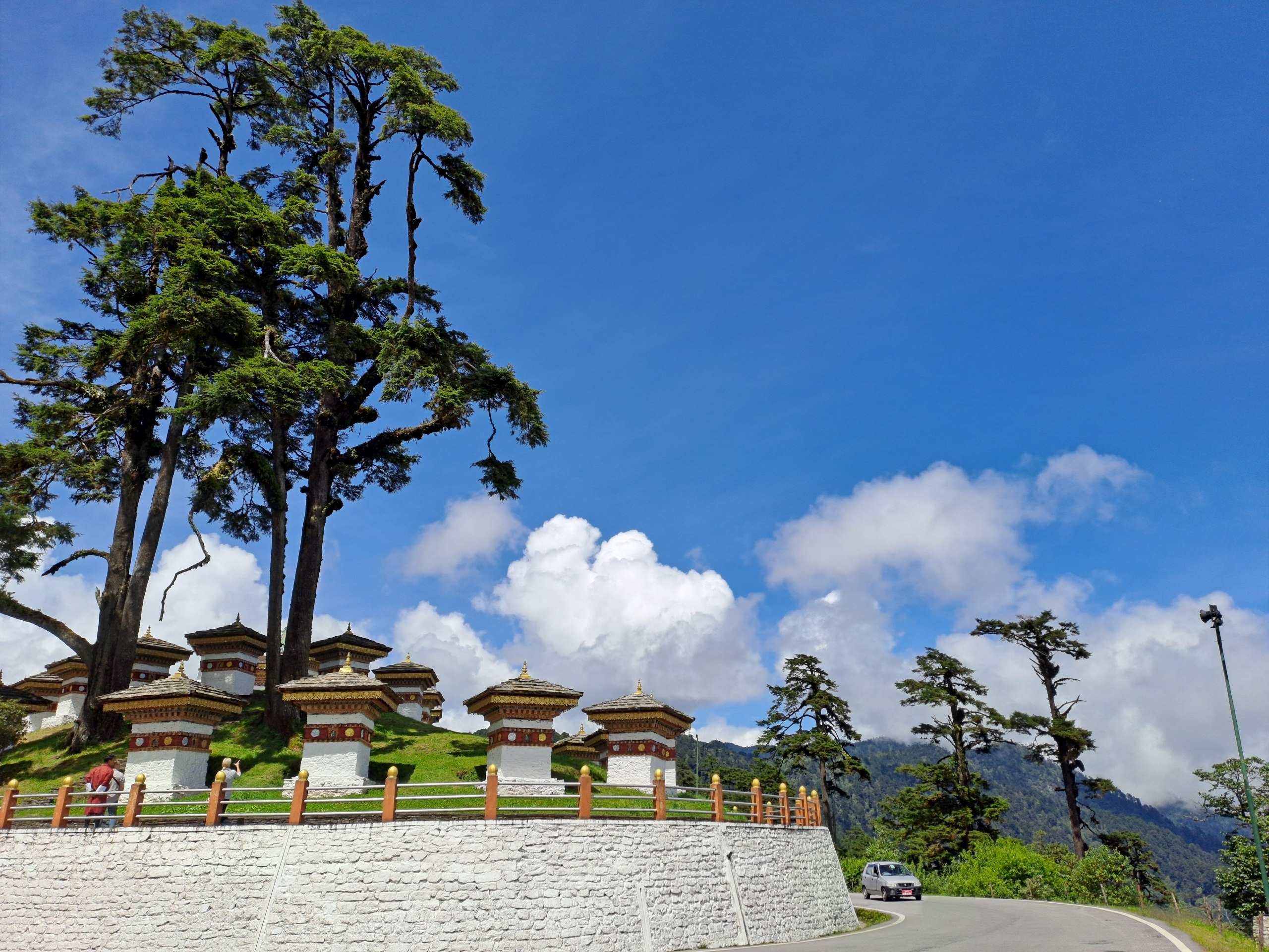 Memorial chortens beneath a large tree at Dochula Pass